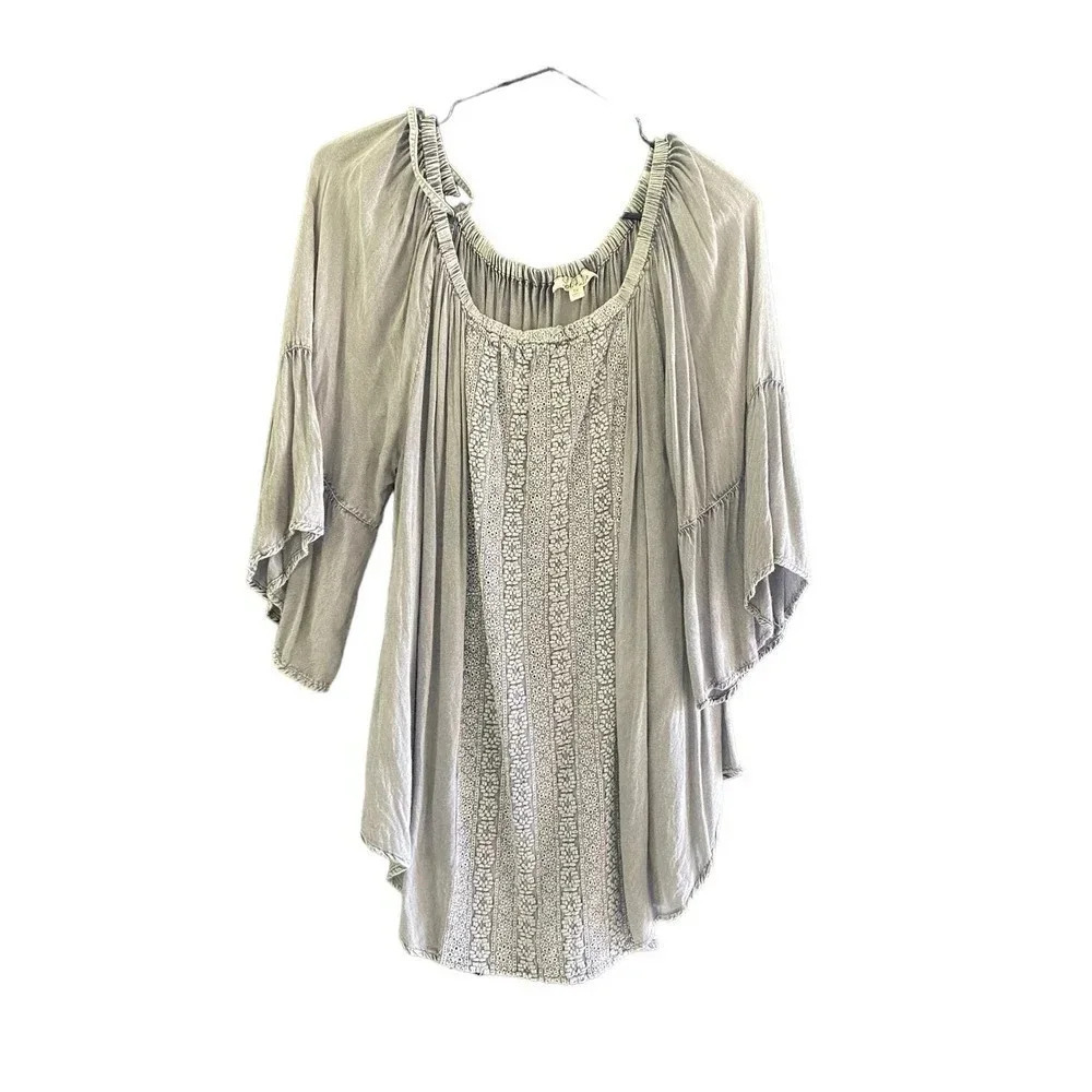 Solitaire Women's Grey 3/4 Sleeve Embroidered Tunic Top Size Plus 1X